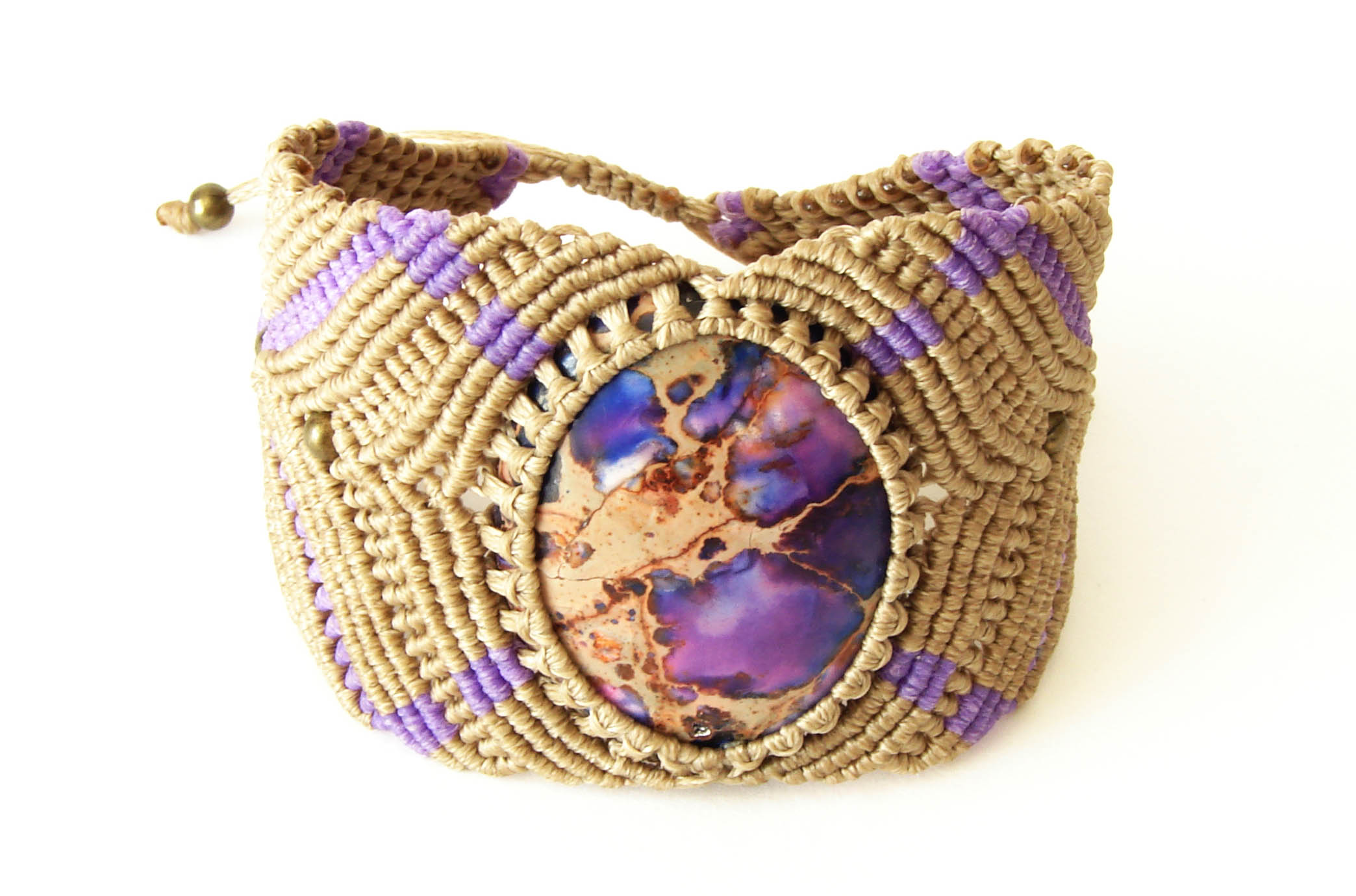 Beige - purple Bracelet with Regalite Cabochon "Mystery"