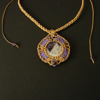 Beige & Purple Macrame Necklace "Alpine rock" with Amethyst flat stone and beads