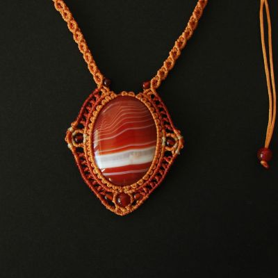 Fire Macrame Necklace "Dawn on Jupiter" with Jasper cabochon and carnelian beads
