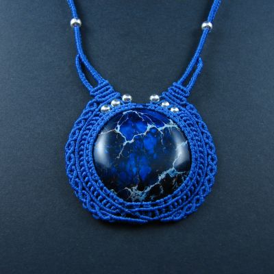Blue Macrame Necklace "Fortune's wheel" with Regalite cabochon