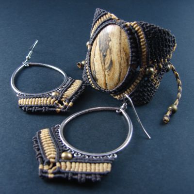 Brown & Beige Macrame Set - Bracelet & Earrings  "The Secret of Amazon"