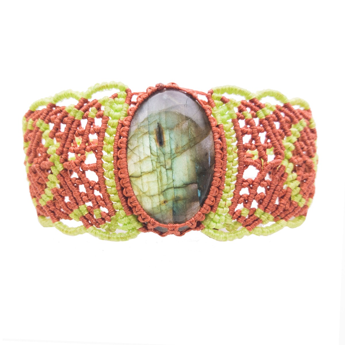 Orange & Green Macrame Bracelet "Waffles" with labradorite cabochon