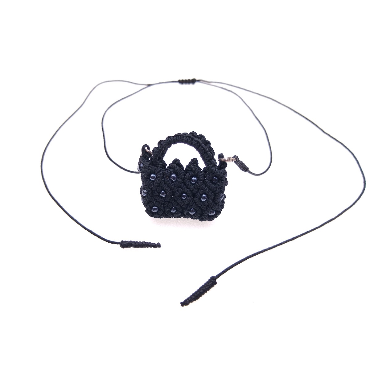 Black macrame pendant "Black bag" with seed  beads