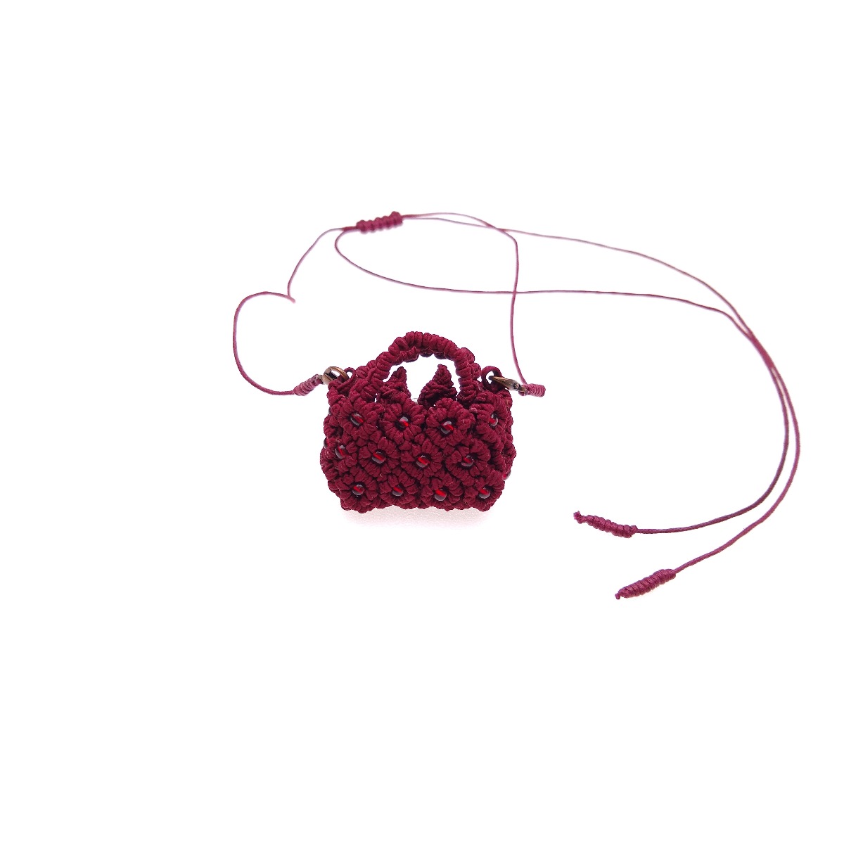 Red macrame pendant "Red bag" with seed  beads